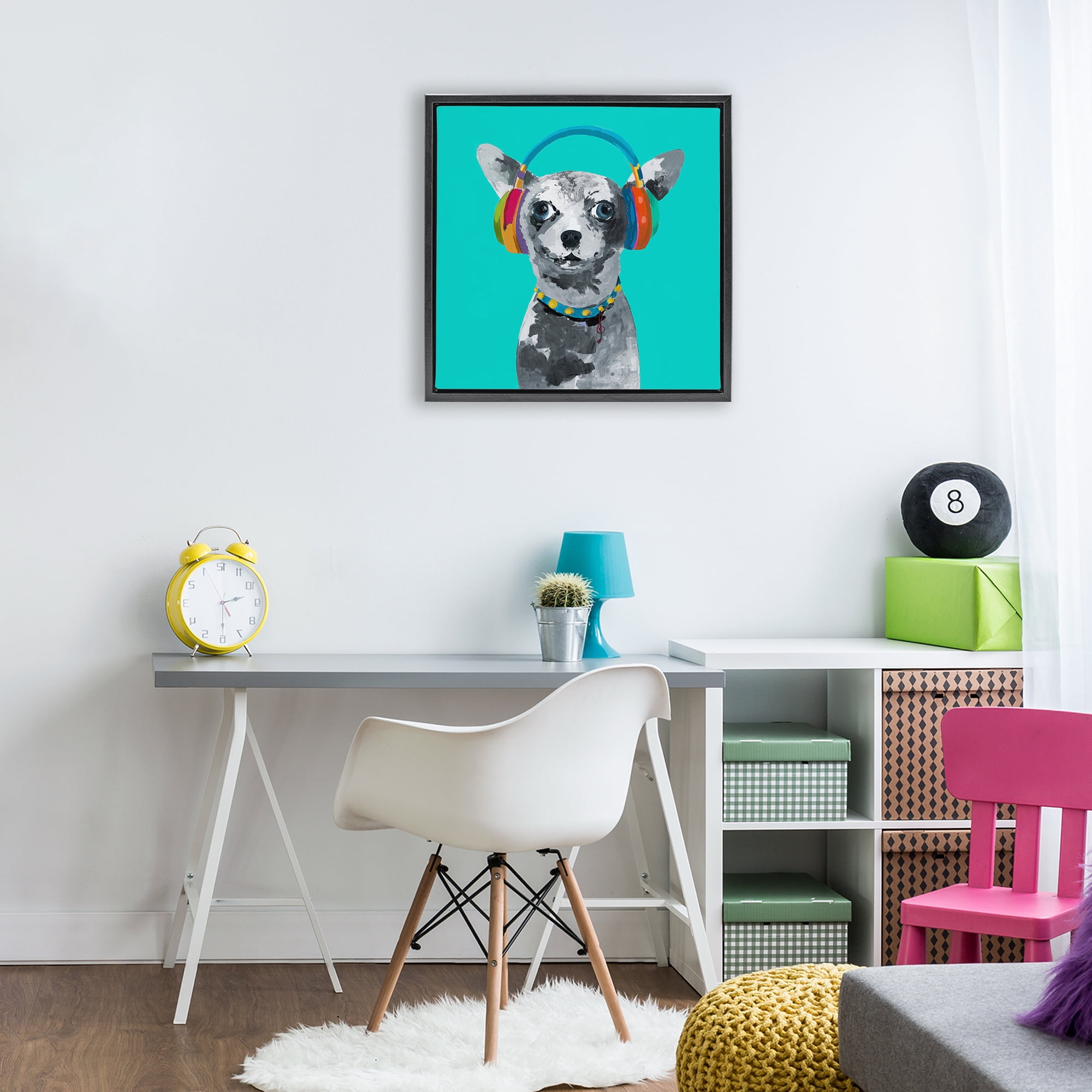 Stupell Industries Jammin' Pup on Blue Black Framed Floater Canvas Wall Art, design by Lorenzo Collective