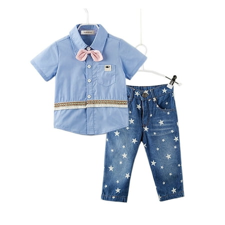 

StylesILove Handsome Kid Boy Blue Shirt with 3D Pink Bowtie and Star Print Jeans Set (7T)