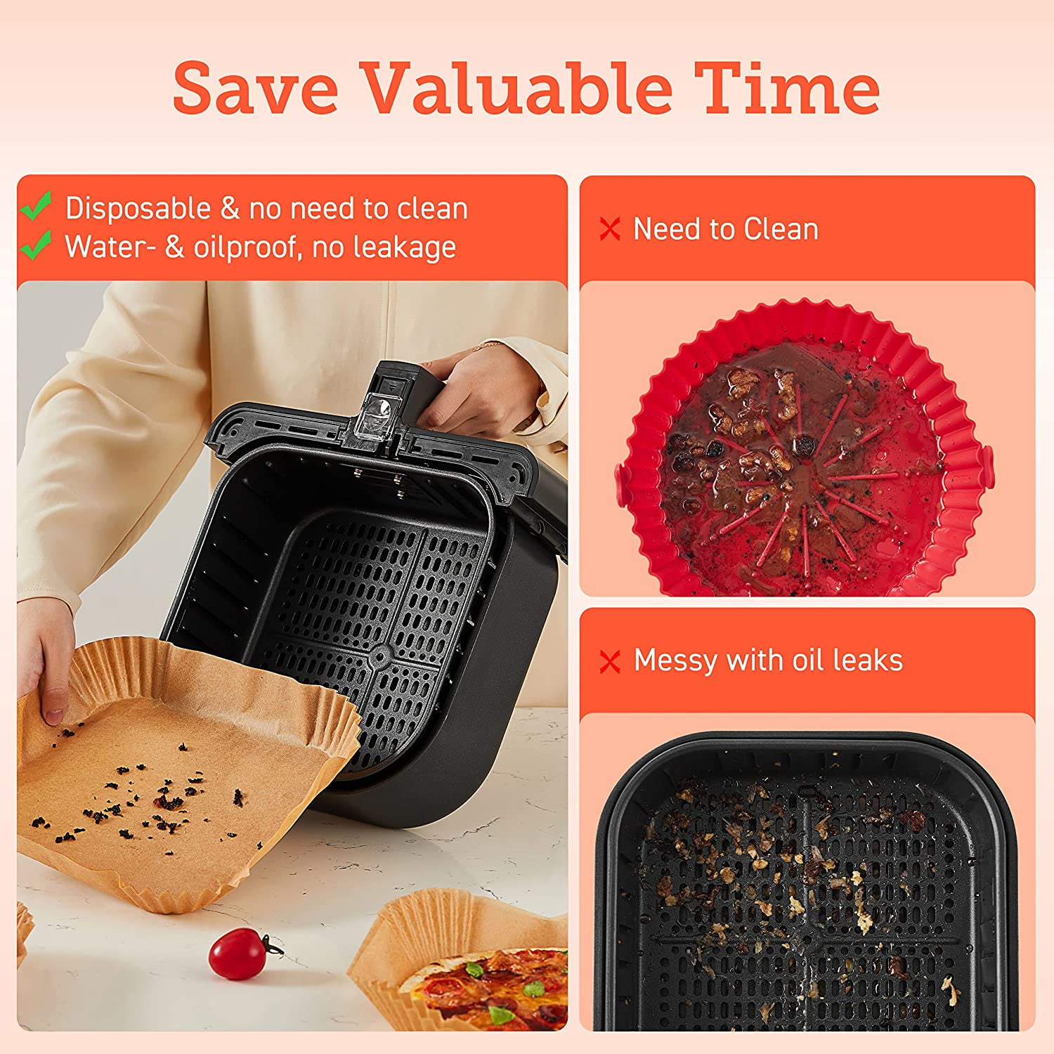 Air Fryer Liners, 100 PCS Square Disposable Paper Liners, Non-Stick Silicone Oil Coating, Little to No Cleaning, 7.9" Unbleached Food Grade, Resistant to 465°F, Thickened Not Easy to Break