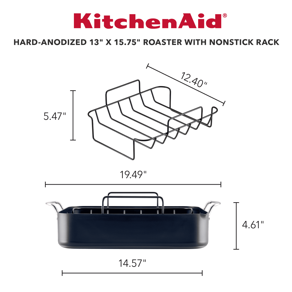 KitchenAid Hard Anodized 13x15.75 Inch Roaster with Removable Nonstick Rack, Oven Safe to 500°F, Matte Black