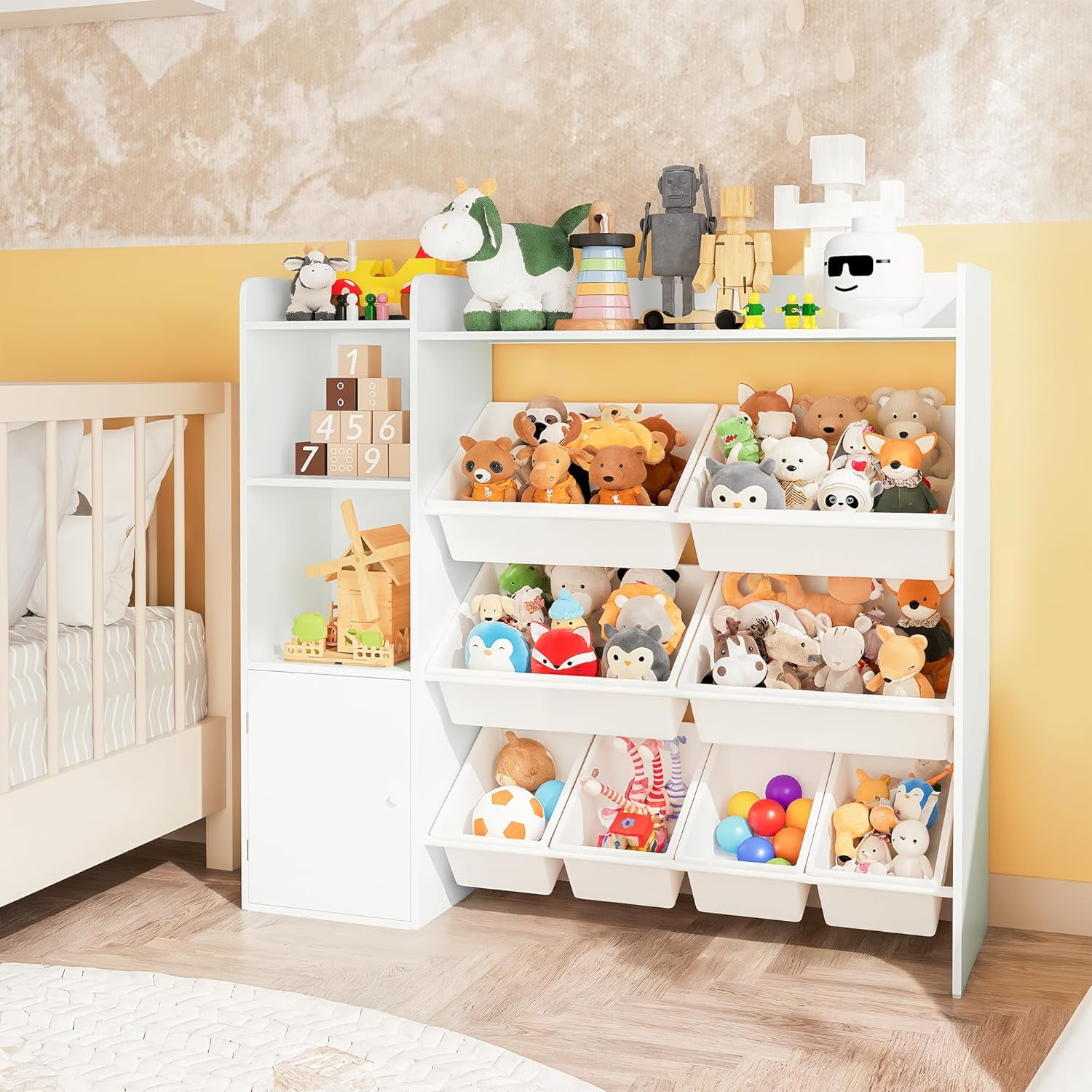 Sunvasagoo Kids Toy Storage Organizer w/ 8 Removable Bins & Bookshelf, Engineered Wood
