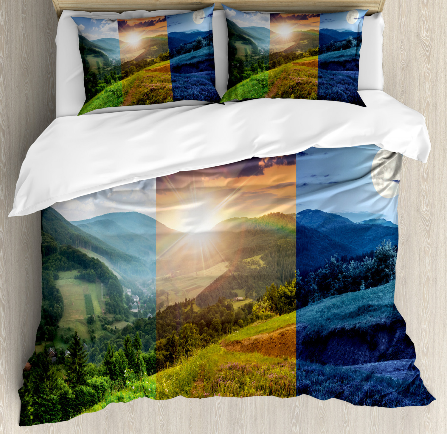 Ambesonne Apartment Foggy Mountain Forest View in Various Times of The Day Idyllic Nature Collage Duvet Cover Set, Size: King, Green