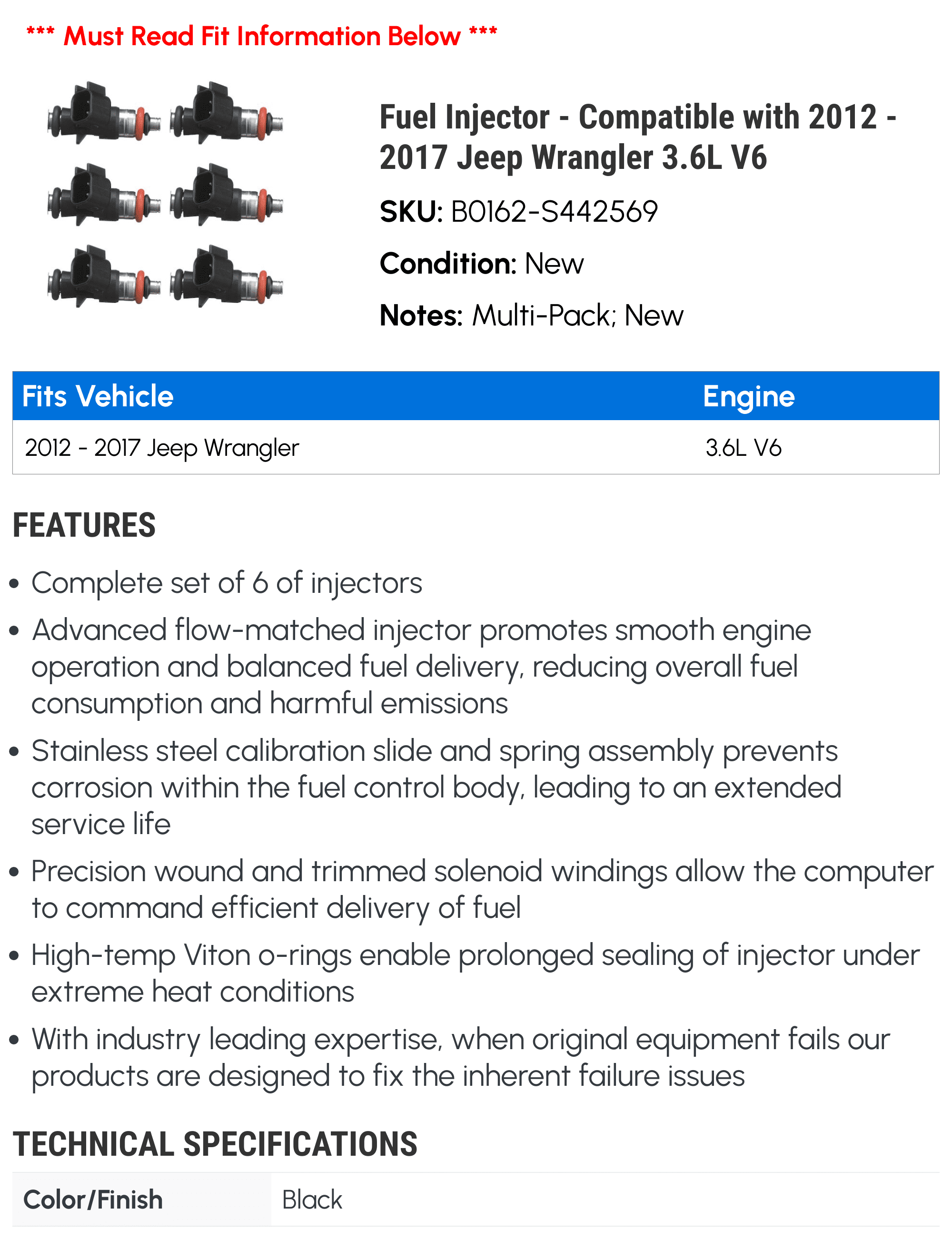Fuel Injector - Compatible with 2012 - 2017 Jeep Wrangler 3.6L V6 2013 2014 2015 2016