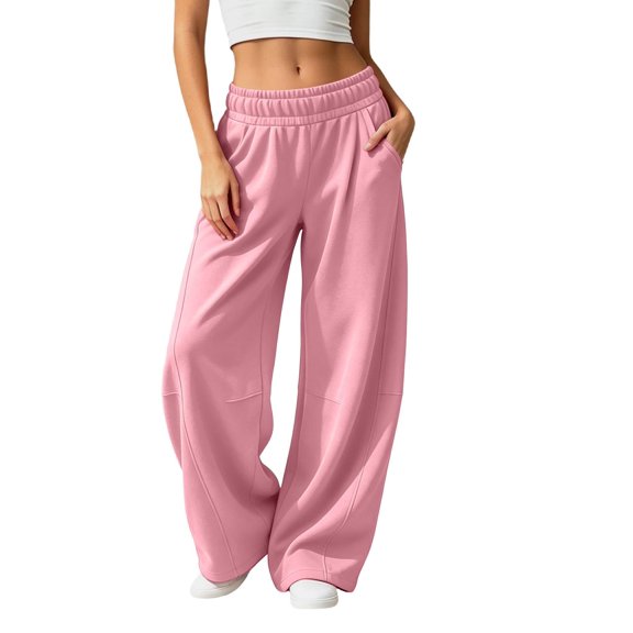 Women's Baggy Wide Leg Pants High Waisted Elastic Waist Casual Loose Sweatpants Solid Color Lounge Trousers with Pockets