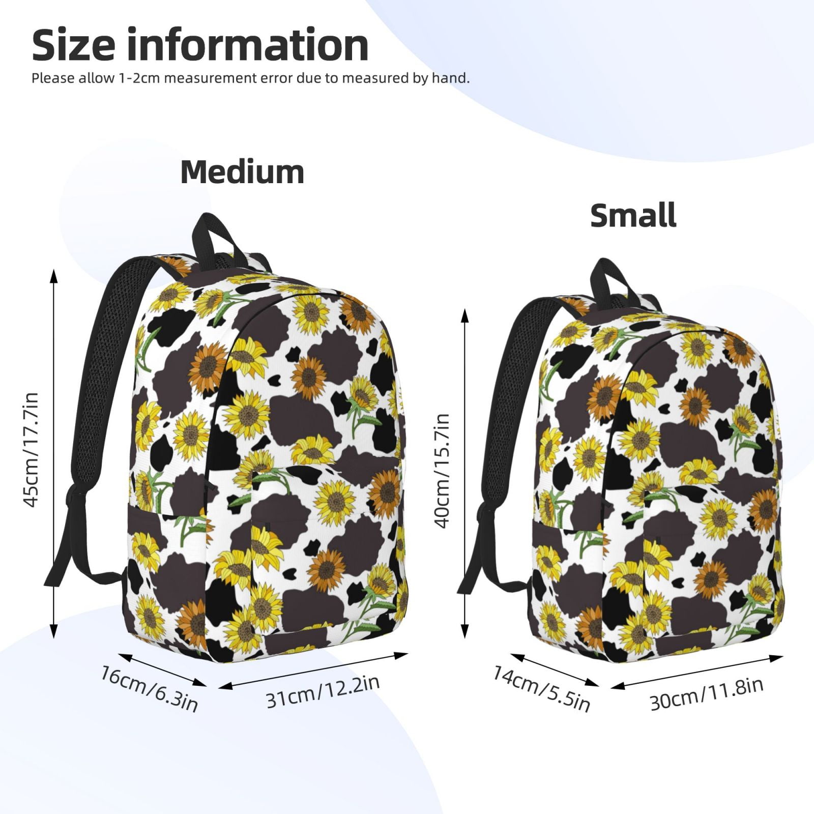 Picia Black Cow Sunflowers Printed Canvas Daypack - Stylish and Durable Vintage Compact Backpack - Class, Work, Travel, or Laptop Bookbag,Organized Compartments-Medium