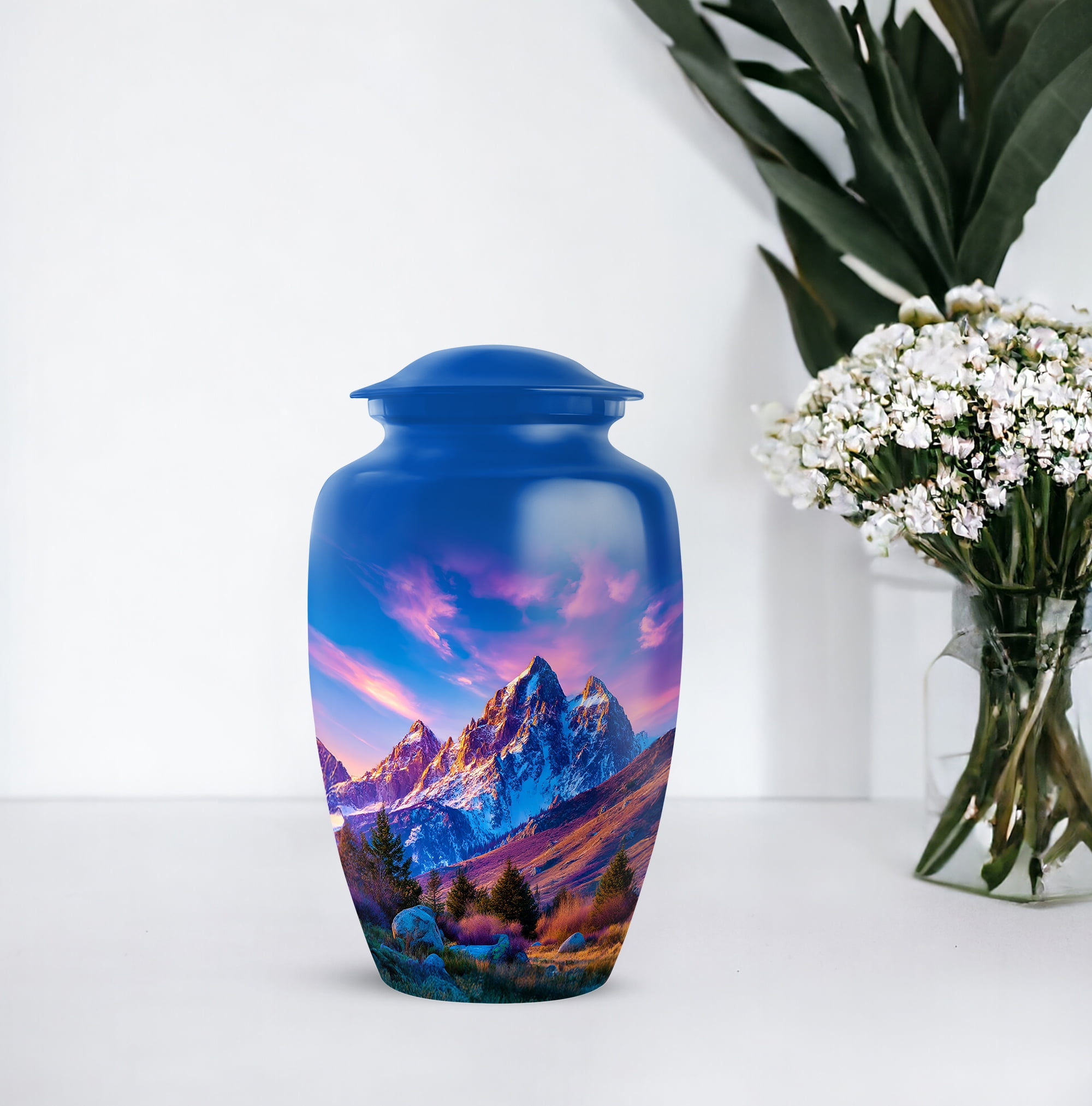 Mountain Funeral Cremation Urn For Human Ashes Adult Female Mom, 1 Large And Set Of 4 Keepsake Urn For Mom And Dad, Burial Urns For Grandfather, Blue Urns For Human Ashes 10&3 Inch