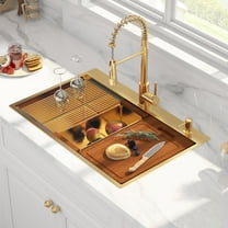 33 inch Gold Workstation Drop-in Kitchen Sink, Single Bowl Polished Matte Gold Topmount 16 Gauge Stainless Steel Sink