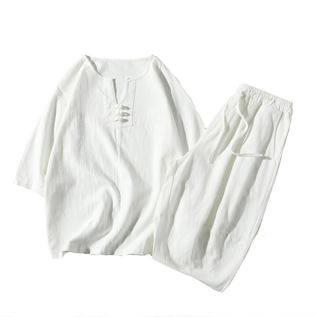 Two Piece Pants Sets Mens Two Piece Solid Cotton Linen 3/4 Sleeve V Neck Tops and Shorts Set