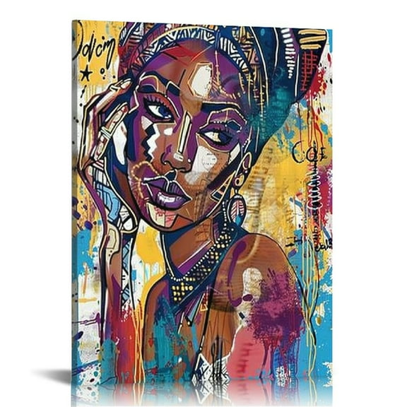 Acheng African American Queen Egyptian Crown Wall Painting, Colorful Afro Body Art Canvas Print Artwork, Modern Women Abstract Graffiti Art Canvas Painting for Living Room,