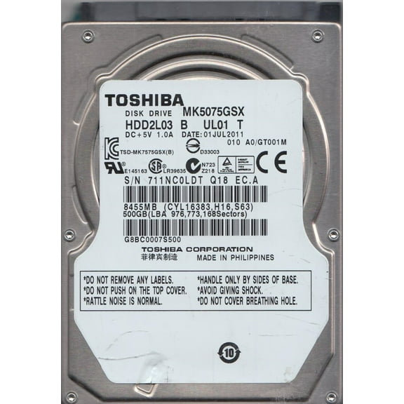 MK5075GSX, A0/GT001M, HDD2L03 B UL01 T, Toshiba 500GB SATA 2.5 Hard Drive