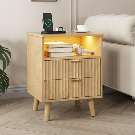 Fluted Nightstand with 2 Drawers and Open Storage Cubby, Modern Bedside Table with LED Lights & Metal Handle for Bedroom, Wood