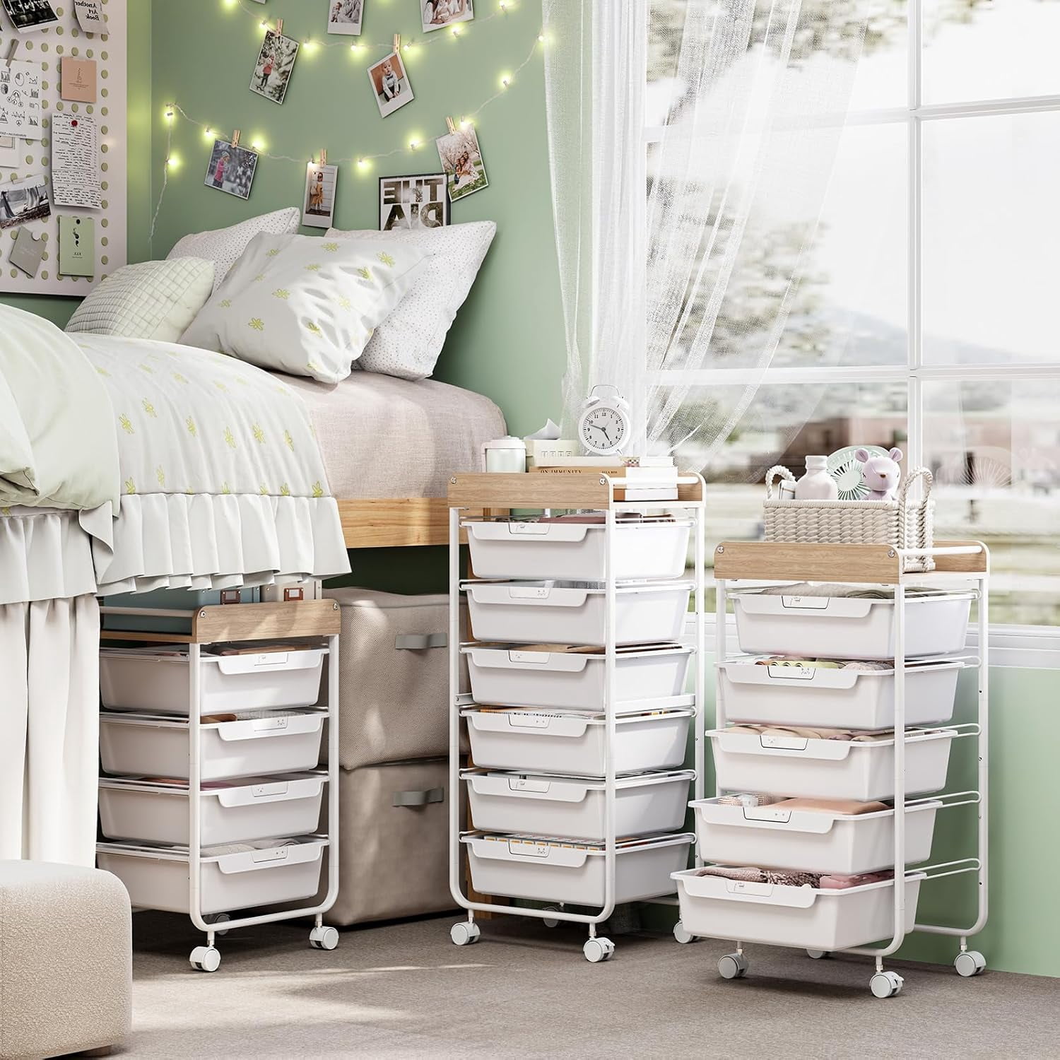 Plastic Drawer Organizer with Wooden Top, 5-Drawer Rolling Cart for Crafts and Office Storage