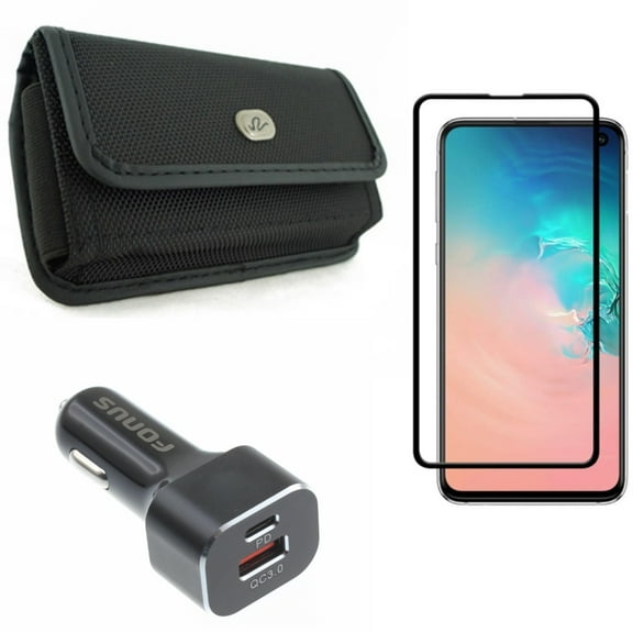 Galaxy S10e Quick Car Charger w Case Belt Clip w Screen Protector - 36W 2-Port USB Type-C PD, Rugged Holster Canvas, Tempered Glass 5D Curved Edge for Samsung Galaxy S10e Phone
