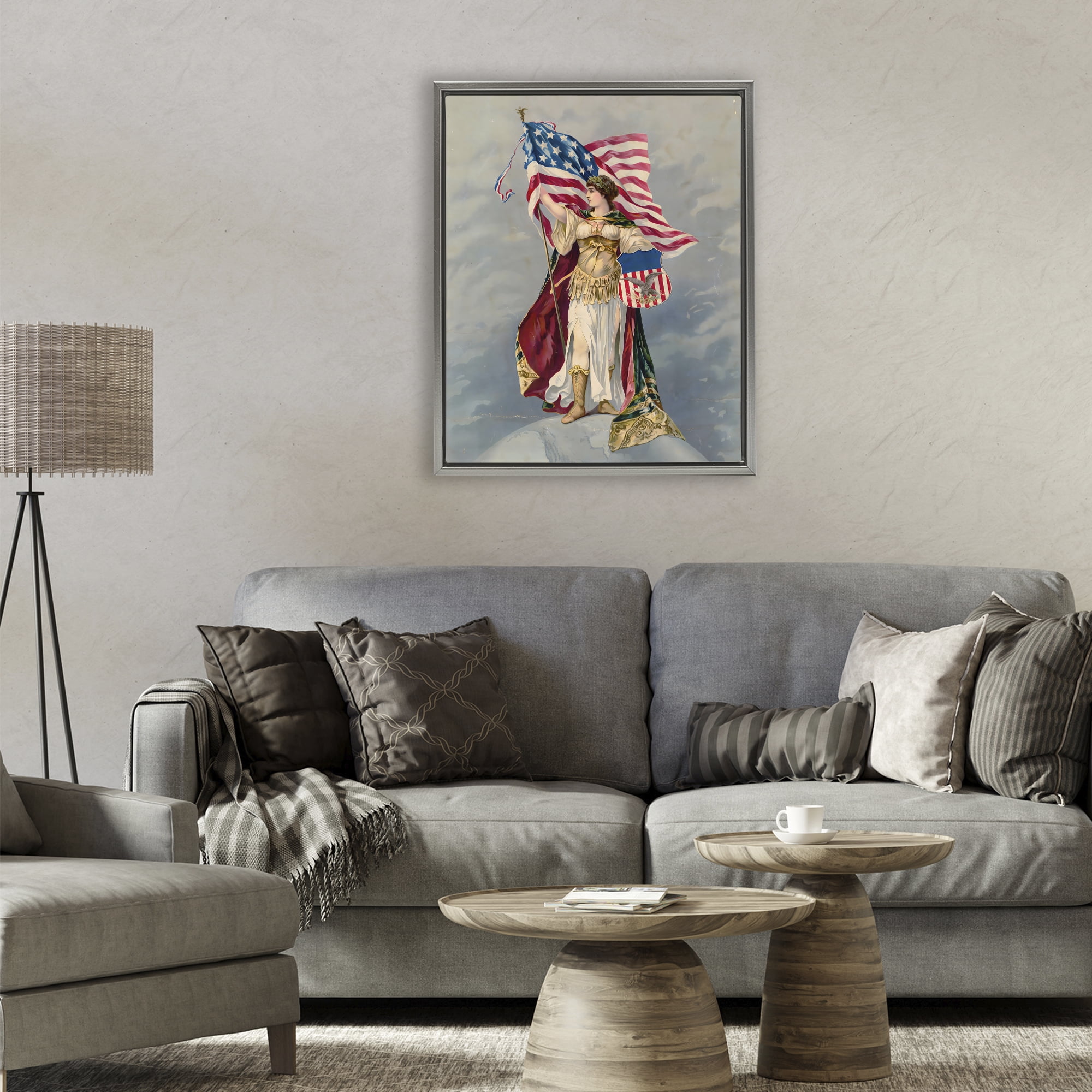 Stupell Industries Columbia Standing with American Flag Gray Framed Floater Canvas Wall Art, design by Arlington Prints