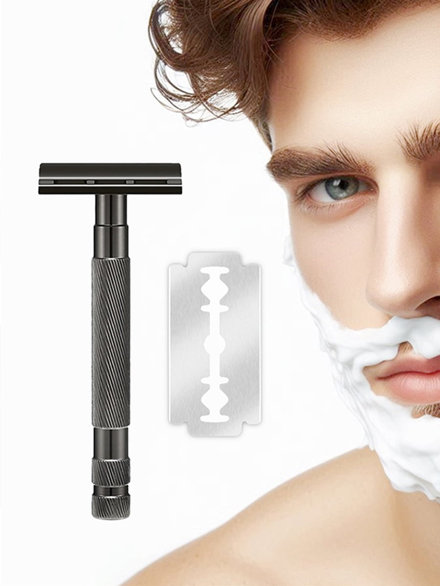 Waysh Classic Double Edge Safety Razor Gift Set for Men with Knurled Non-Slip Handle, Includes Stand & 20 Blades, Gunmetal Grey