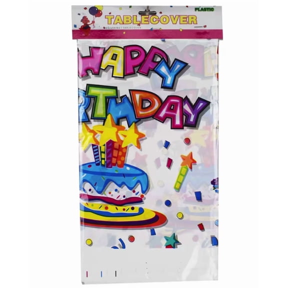 Disposable Rectangular White Waterproof 108 x 54 in Birthday Party Balloons Cake Happy Birthday Plastic Tablecloth