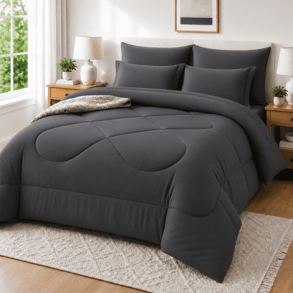 SORMAG Queen Comforter Set-7 Piece Bed in a Bag,Soft Down Alternative Bedding Comforter Set with Sheets,Pillowcases & Shams,All Season Dark Grey