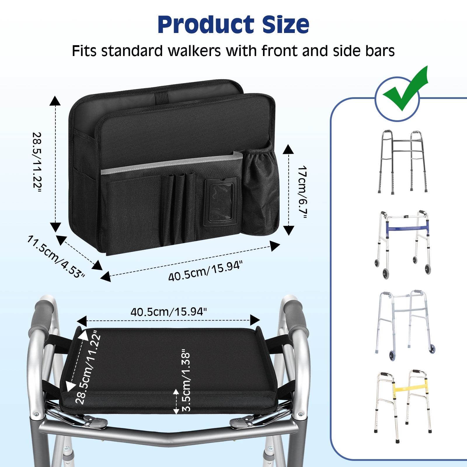 MoKo Walker Basket Bag with Tray, Upgraded Detachable Walker Tray for Folding Walkers with Non-Slip Mat, Large Storage Bag with Multi-Pockets and Cup Holder, Walkers Accessories for Senior, Black