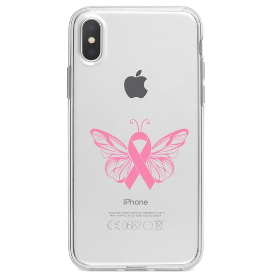 DistinctInk Clear Shockproof Hybrid Case for iPhone XR (6.1" Screen) - TPU Bumper Acrylic Back Tempered Glass Screen Protector - Pink Ribbon Cancer - Butterfly