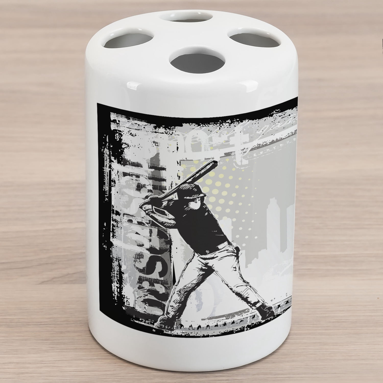 Baseball Ceramic Toothbrush Holder, Hitter in Field Graphic Distressed ...