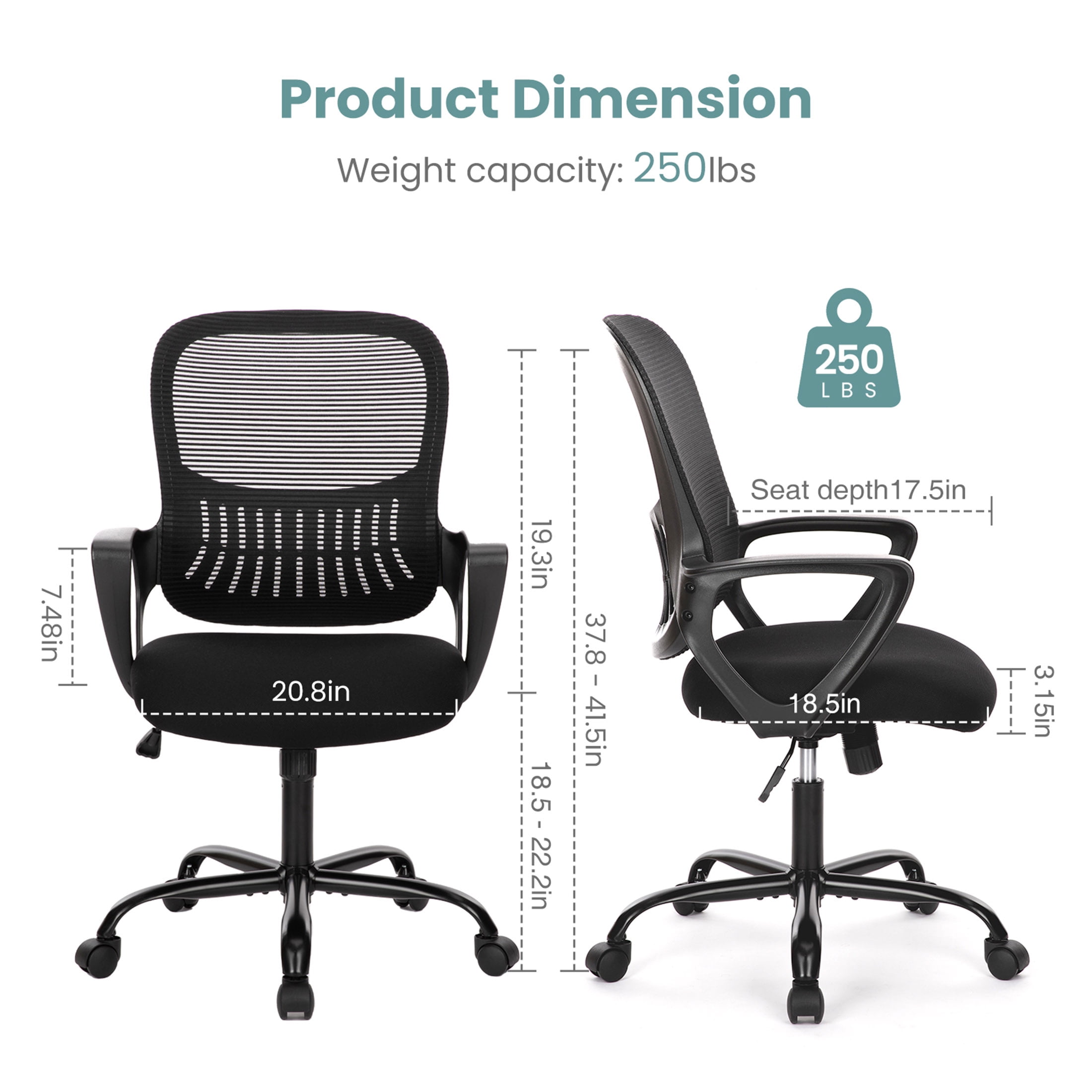 CONCETTA Ergonomic Home Office Desk Chair, Mid-Back Mesh Swivel Chairs with Wheels for Adults, Black