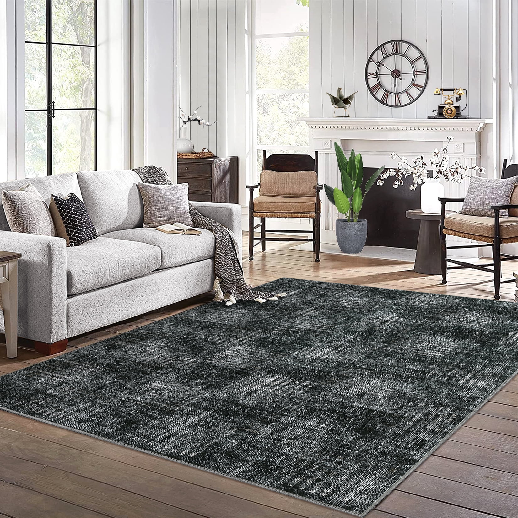 Hasoo Modern Washable Area Rug 8' x 10' Rugs for Dining Room Abstract Geometric Pattern Carpet, Dark Gray