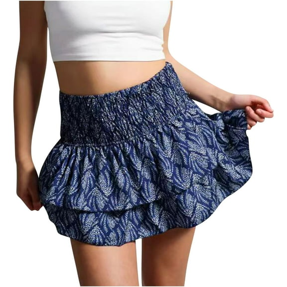 JNGSA Woman's High Waist Ruffle Skirt 2023 New Trendy Summer Floral Pleated Skirt Cute Flowy A-line Mini Skirt Dark Blue