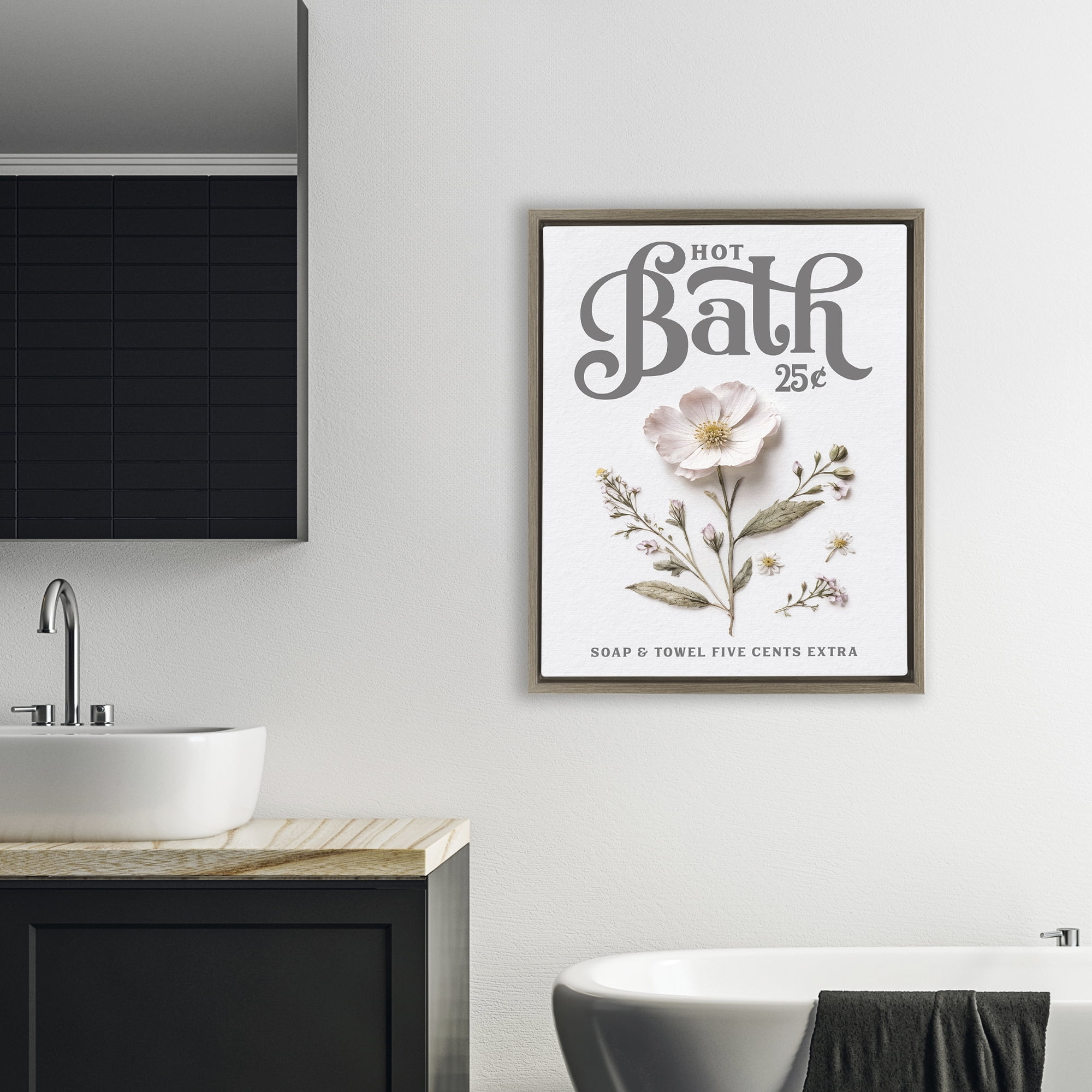 Pressed Flower Vintage Bath Brown Framed Floater Canvas Wall Art, design by Lettered and Lined
