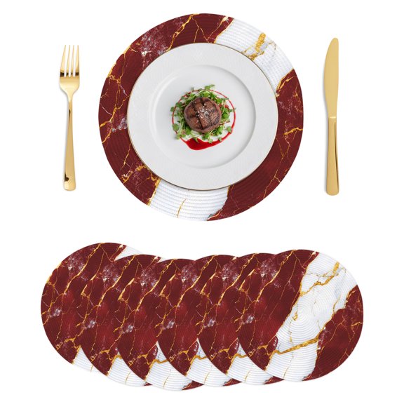 Round Placemats Red White Marble 15 inch Set of 6 Table Mats for Dining Table Gold Abstract Art Heat Resistant Non-Slip Kitchen & Home Decorative Place Mat Set