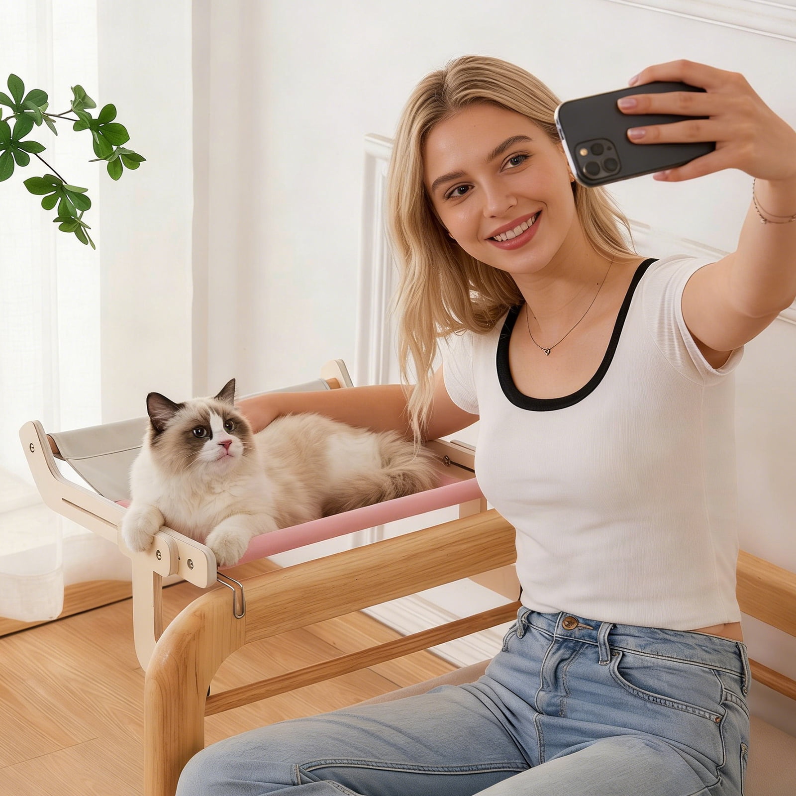 Cat Hammock Bed - Wall-Mounted Wooden Cat Perch with Removable Washable Pad, Orange Color for Indoor Cats, Window, Balcony Use