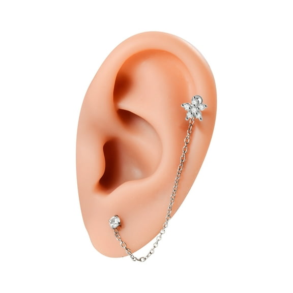 WINDLAND Stainless Steel Flower Studs Earring for Women Double Studs Chain Tassels Piercing