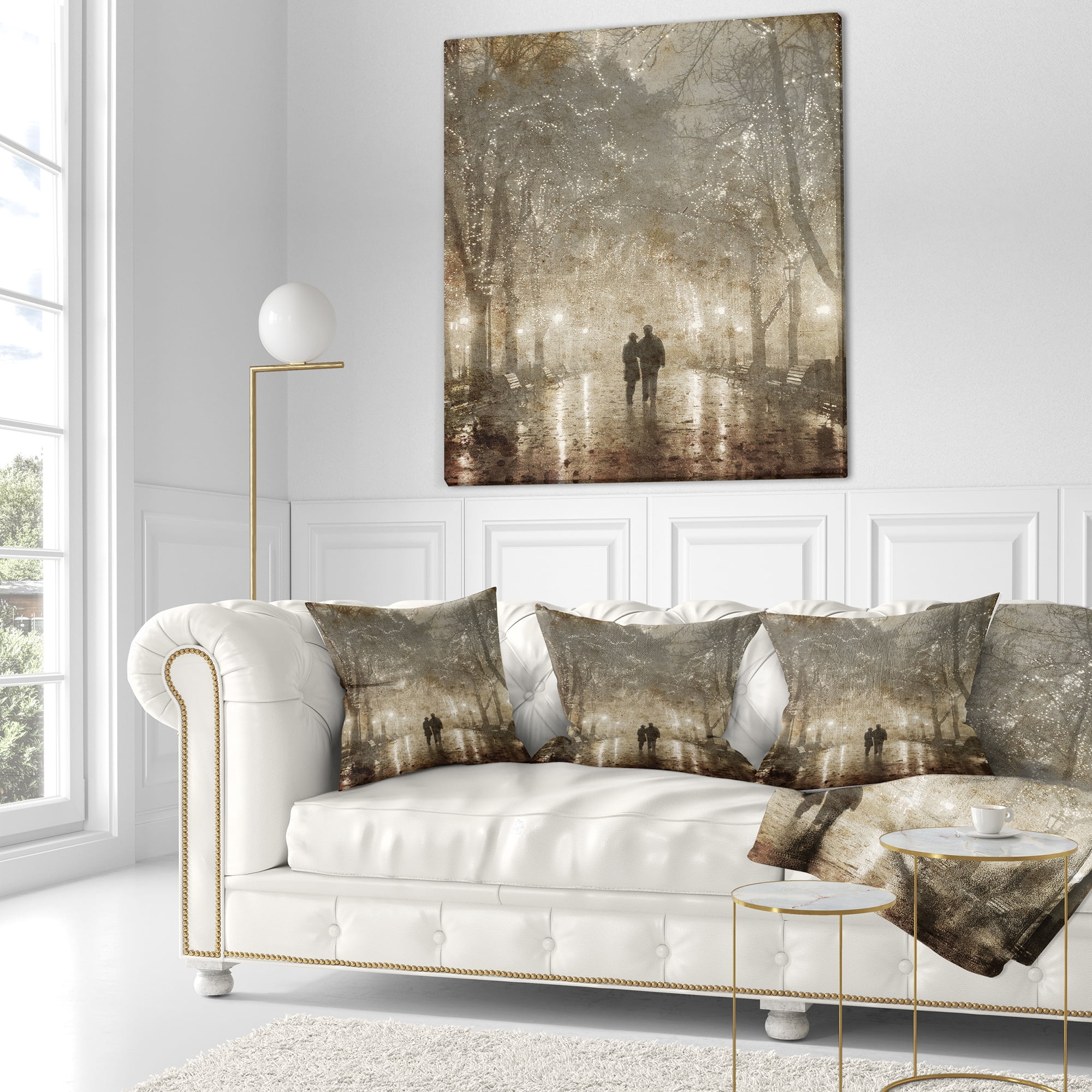 Designart Couple Walking in Night Lights - Landscape Photography Throw Pillow - 16x16