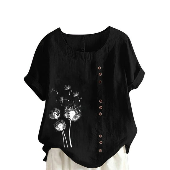 Short Sleeve Linen Shirt Women Fashion Print Blouse with Buttons Round Neck Casual Solid Color Top Oversized Summer Graphic Tees