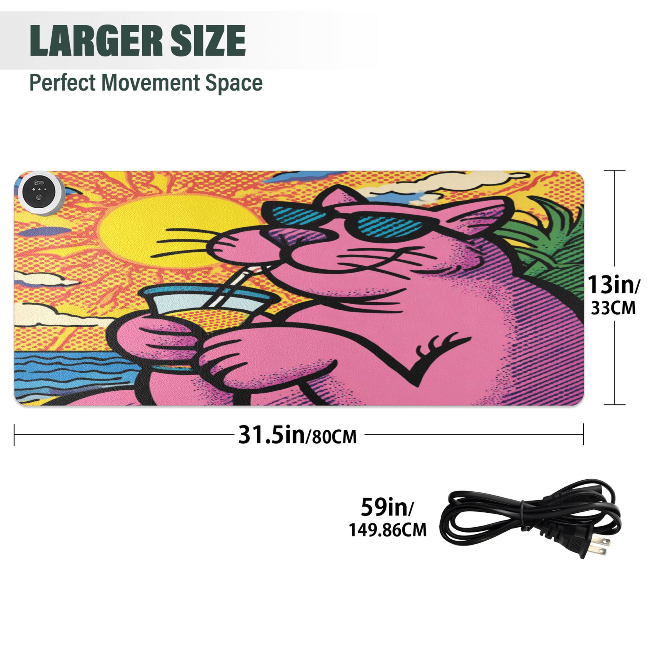 Large Heated Desk Mat Mouse Pad 31.5"x13"PU Leather Graphene Heating Desk Warmer with 3 Temperature Settings 110V US Plug Non-Slip Warm Pad for Home, Office, and Gaming Cartoon Cool Pink Cat