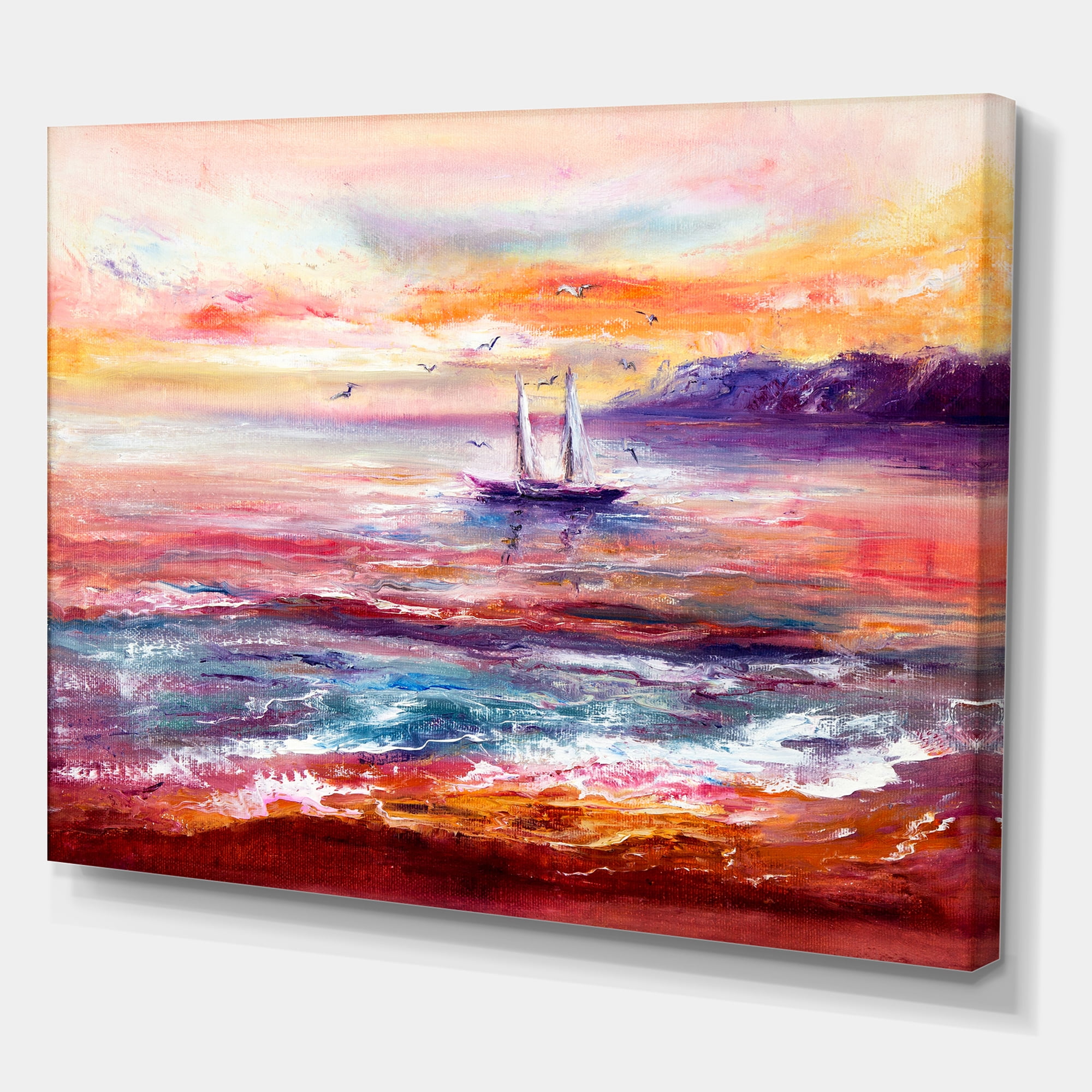 Designart ' Boat On The Ocean During VIbrant Sunset Glow ' Nautical & Coastal Canvas Wall Art Print