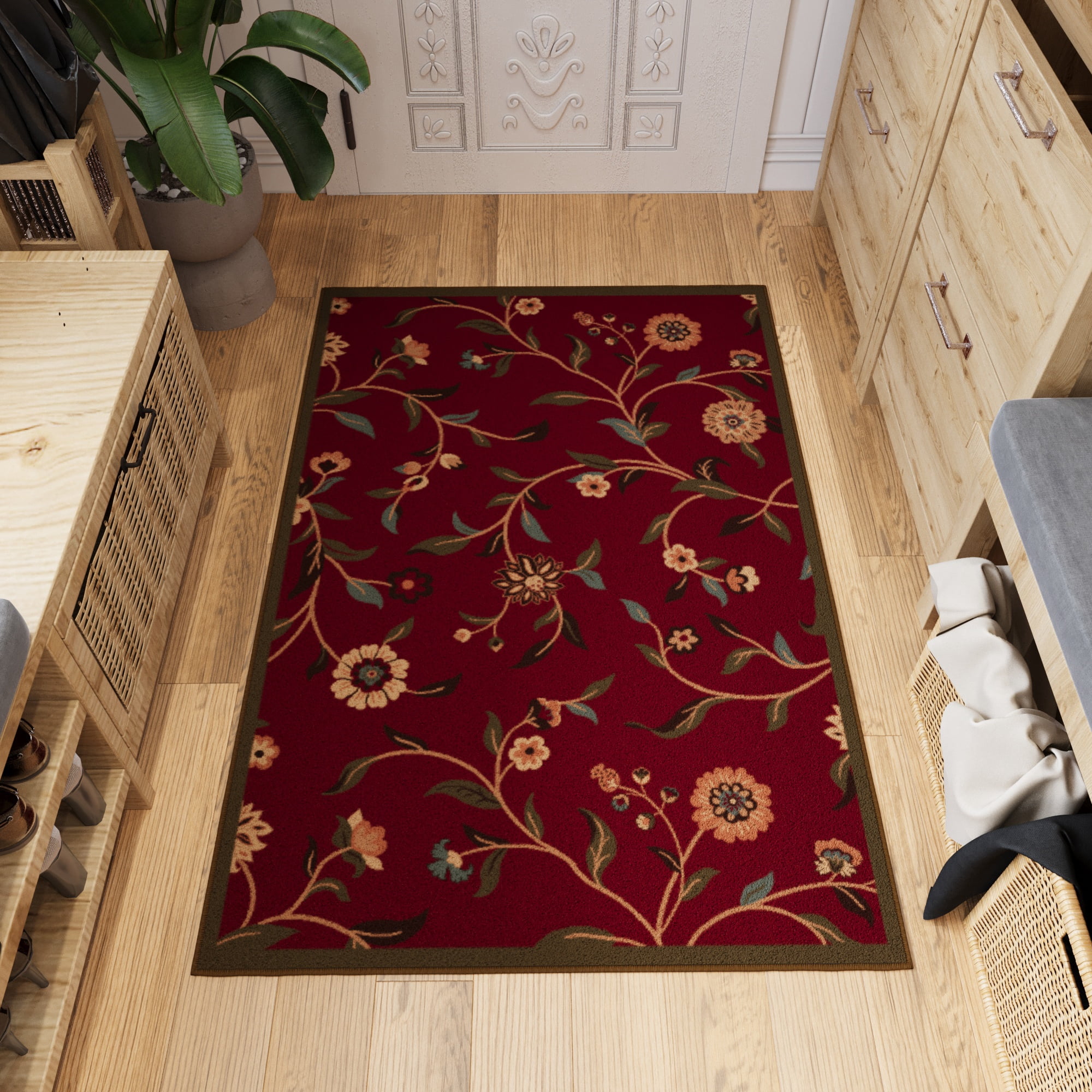 Ottomanson Non-Slip Accent Rug 2'7" x 3' – Low Pile Entryway Bedroom Small Rug, Floral Red