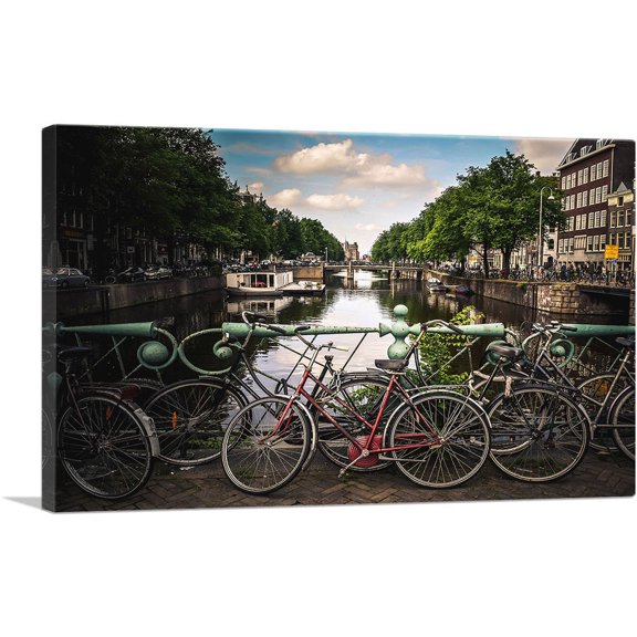 ARTCANVAS Bikes on a Bridge Canal of Amsterdam Netherlands Canvas Art Print - Size: 26" x 18" (0.75" Deep)