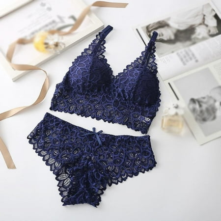 

Greyghost French Bra Comfortable No Steel Ring Sexy Lace Underwear Two-piece Suit Ladies Underwear Panties Suit Blue