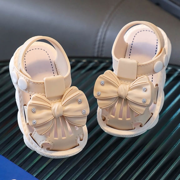 XIMIN Baby Girls Closed Toe Sandals with Rhinestone Bowknot Adjustable Strap Breathable Cutout Flats for Toddlers Infants Summer Wear (White, 9-12 Months)