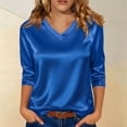 thumbnail image 5 of Wang6 Womens 3/4 Sleeve Tops Elegant V Neck Satin Tshirts Ladies Trendy Solid Going out Tunic Tees Shirts Blue 0713-3/4 sleeve tshirts M, 5 of 7