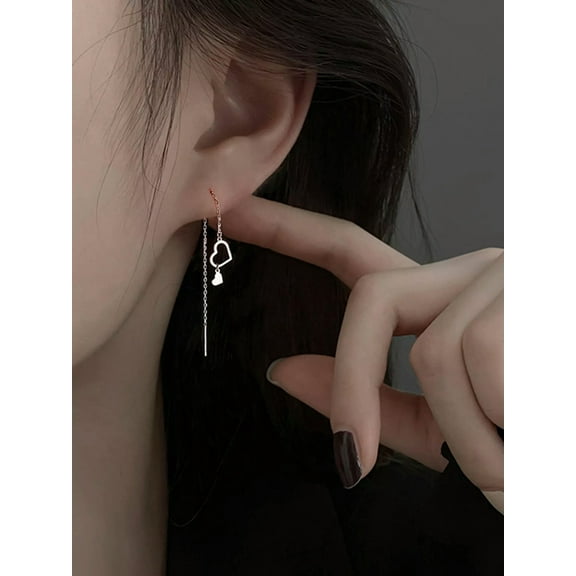 K-KED 925 Silver Heart Threader Earrings Stud Long Drop Dangle Women Delicate Jewelry Gift US