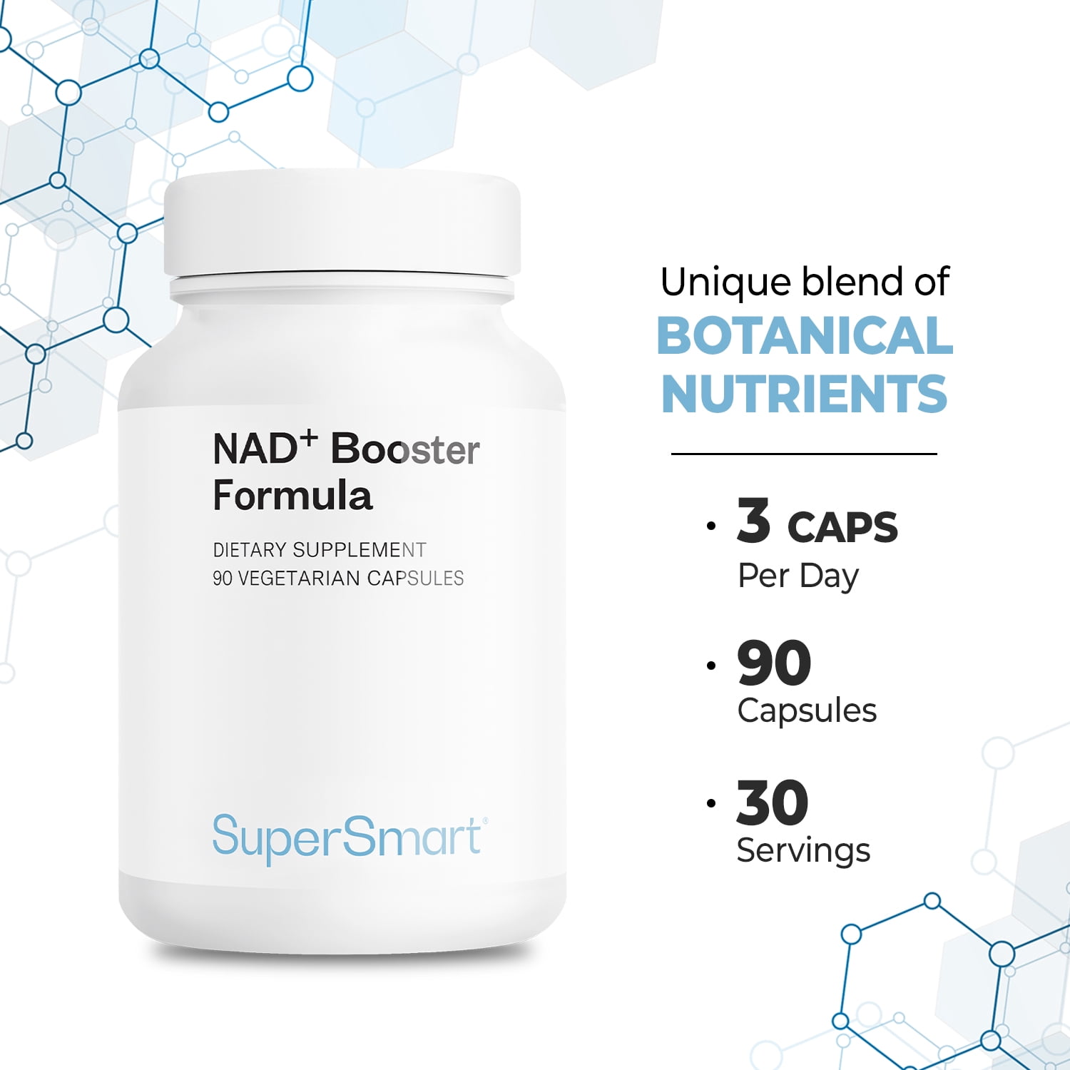 SuperSmart NAD+ Booster Formula - Patented BluNAD Complex with Nicotinamide Riboside, Apigenin - Cellular Energy & Vitality | Gluten Free & Vegan - 90 Vegetarian Capsules