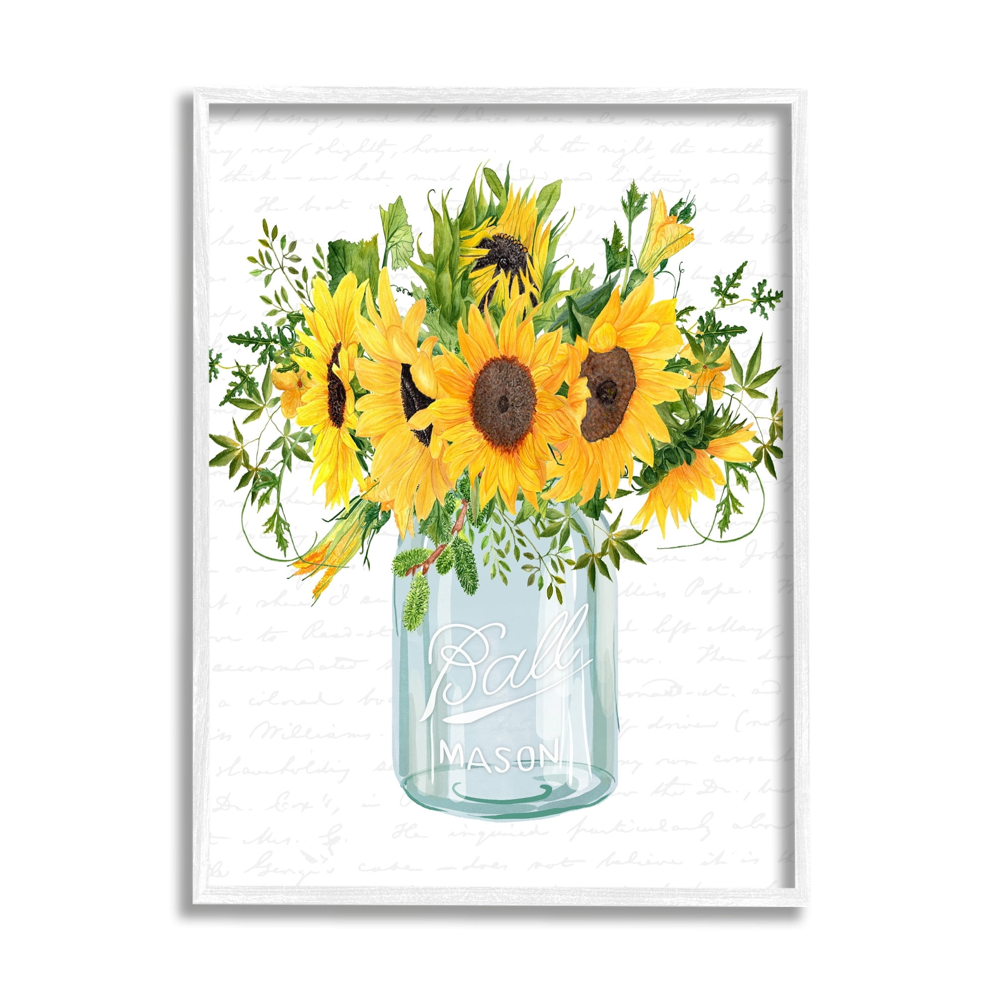Stupell Industries Country Sunflowers Bouquet Vintage Script Text Pattern Graphic Art White Framed Art Print Wall Art, Design by Lettered and Lined