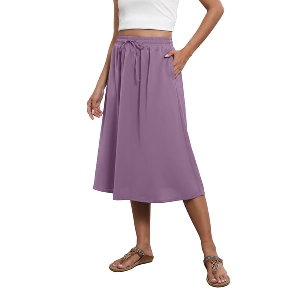 LOVZFMLL Midi Skirts for Women Drawstring Elastic Waist Casual Solid Skirts with Pockets Beach Vacation Clothes for Women Purple XL