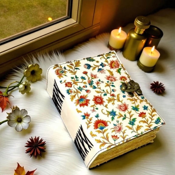 Handmade White Floral Leather Journal Notebook – 5x7 Inch Vintage Diary with 200 Deckle Edge Handmade Pages, Floral Art Cover, Antique Lock, Personalized Writing Sketchbook, Christmas Festival Gift f