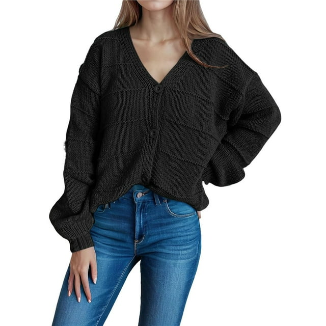 Cárdigans de Invierno para Mujer, Estilo Cárdigan, con Botones, Abrigos Informales, Oversize, Tejido Grueso de Punto , Larga, Prendas Exteriores Negro M