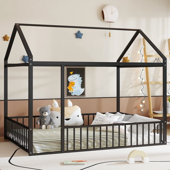 Bellemave Full Size Montessori House Bed, Metal Floor Bed with Guardrails and Roof, Playhouse for Kids Teens Girls Boys (Black)