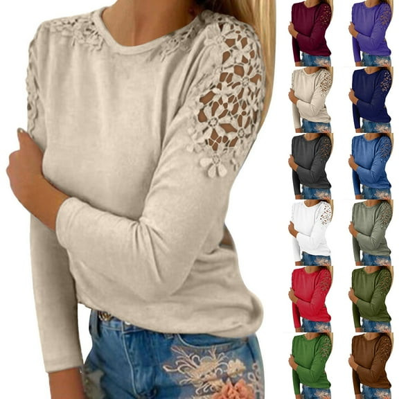 Womens Long Sleeve Tee Round Neck Solid Color Eyelet Detail Stitching Comfort Top