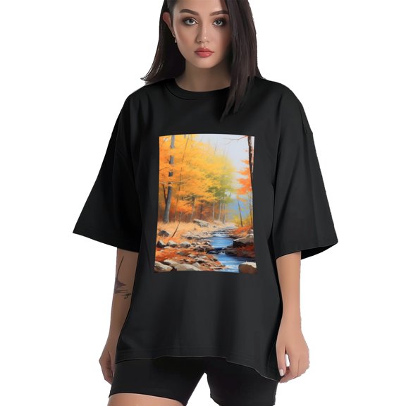 Plus Size Shirt for Women Black Tops for Women Short Sleeves Shirt for Women Forest At Autumn T Shirt Crewneck Shirt for Women XS