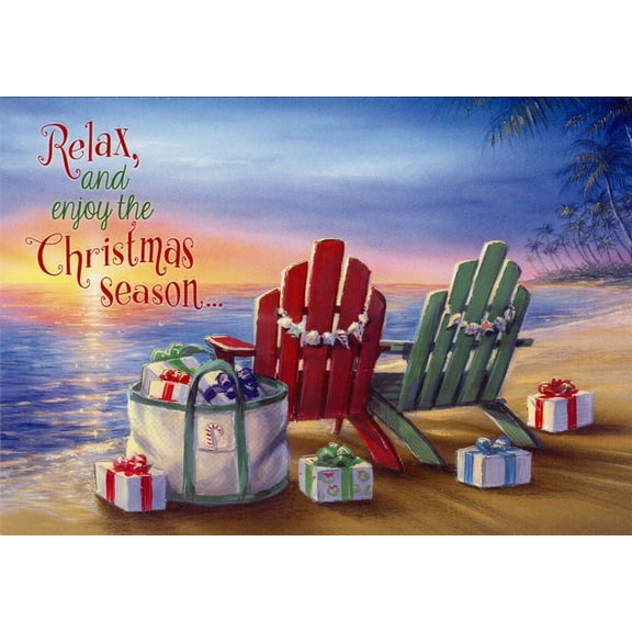 Red Farm Studios Adirondack Chairs and Gifts on Palm Tree Lined Beach Box of 15 Tropical Christmas Cards